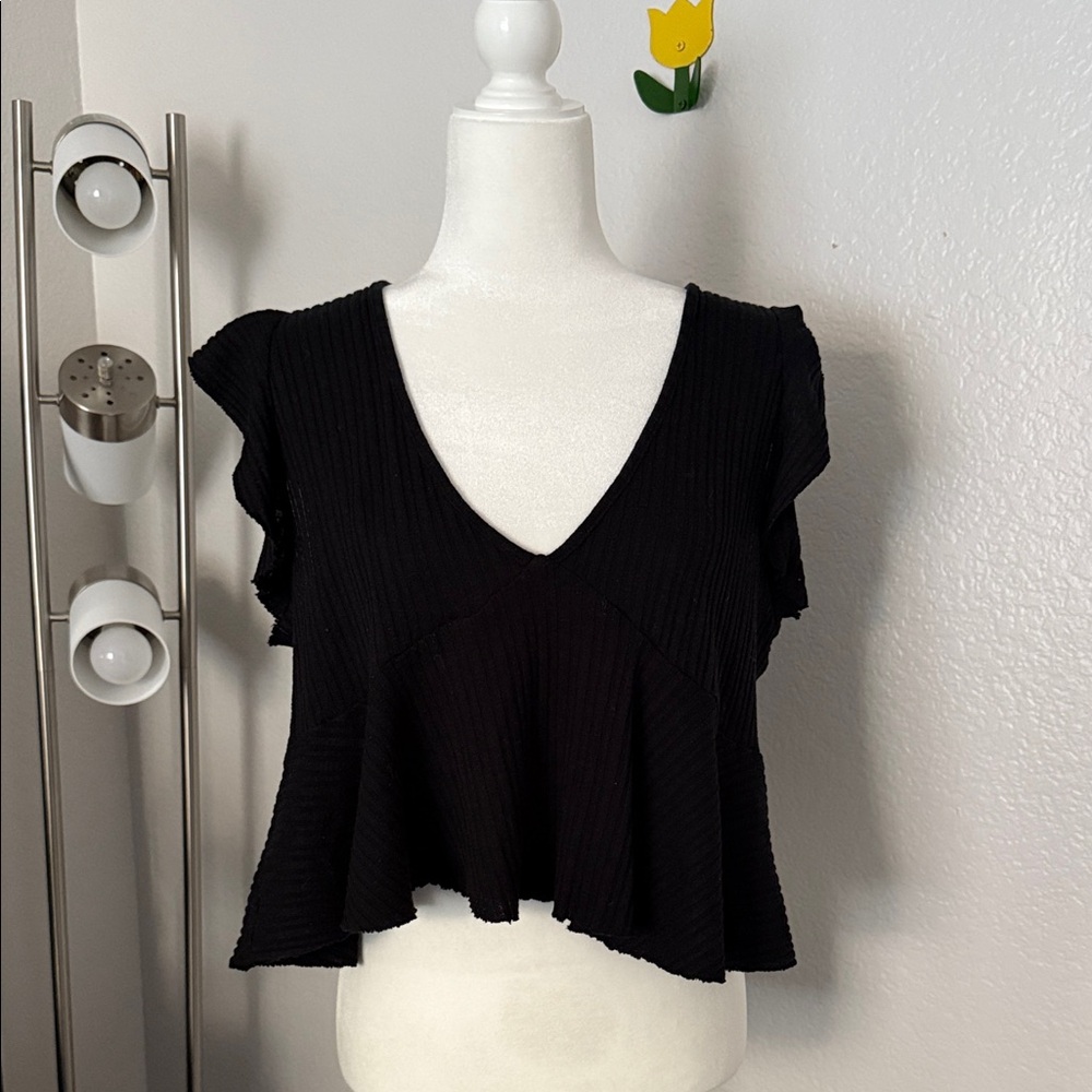 Black Ruffled V-Neck Top